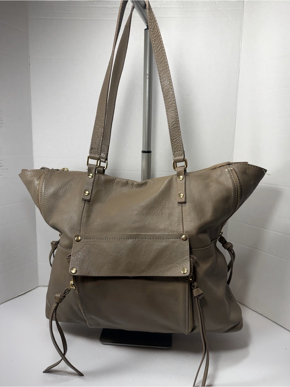 KOOBA Everette Beige Large Leather Satchel Tote Bag Gold Tone Hardware